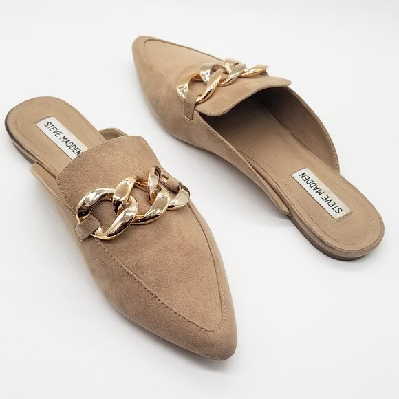 Steve Madden Finely Tan Beige Pointed Toe Gold Chunky Chain Slip On Mules  9.5 - Picture 13 of 15